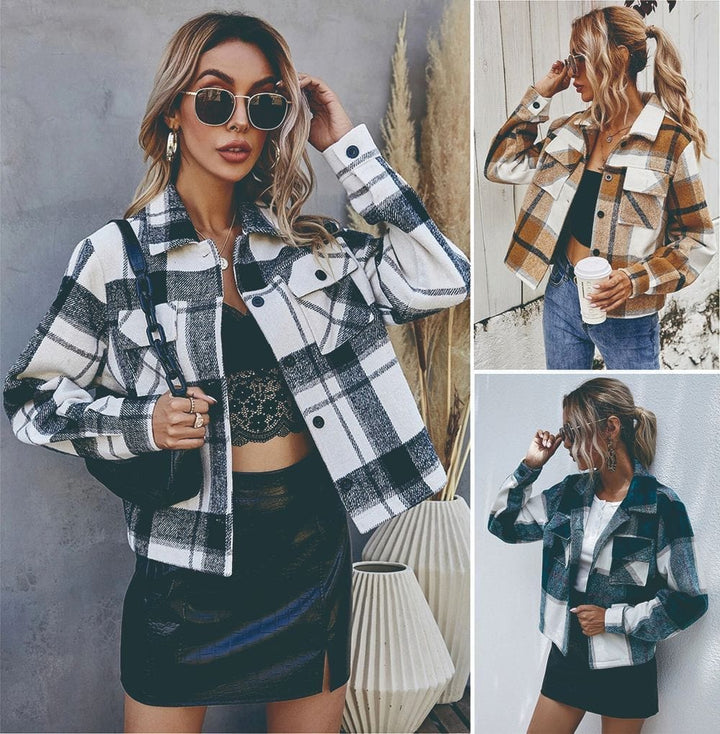 Single-breasted Woolen Plaid Short Coat Women BENNYS 