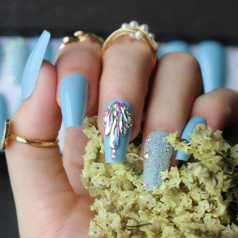 Sky blue fake nails summer nail crystal sparkling coffin Acrylic nails diamond Luxurious caviar BENNYS 