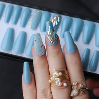Sky blue fake nails summer nail crystal sparkling coffin Acrylic nails diamond Luxurious caviar BENNYS 