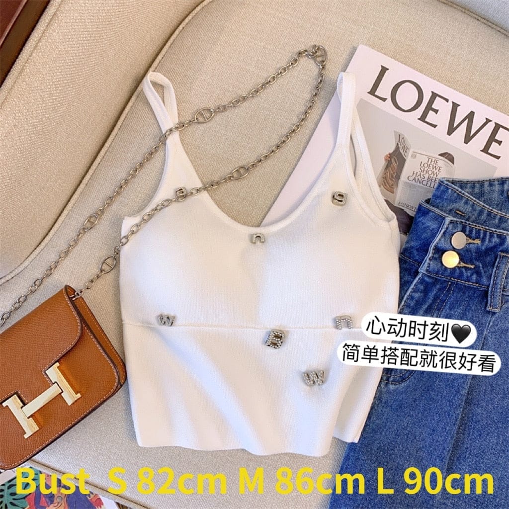 Sleeveless Tank Top Letters Rhinestone Elegant Women Strap Camis BENNYS 