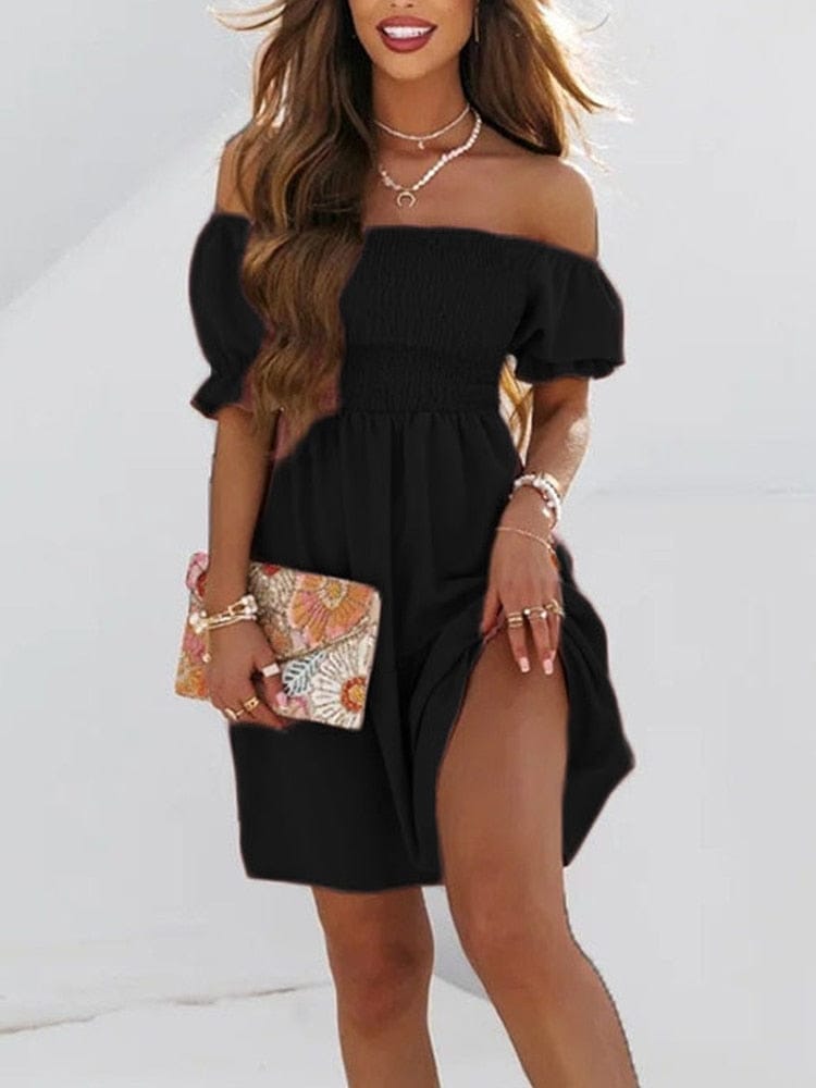 Solid Dress Women Summer Sexy Off Shoulder Dresses Beach Party Dress BENNYS 