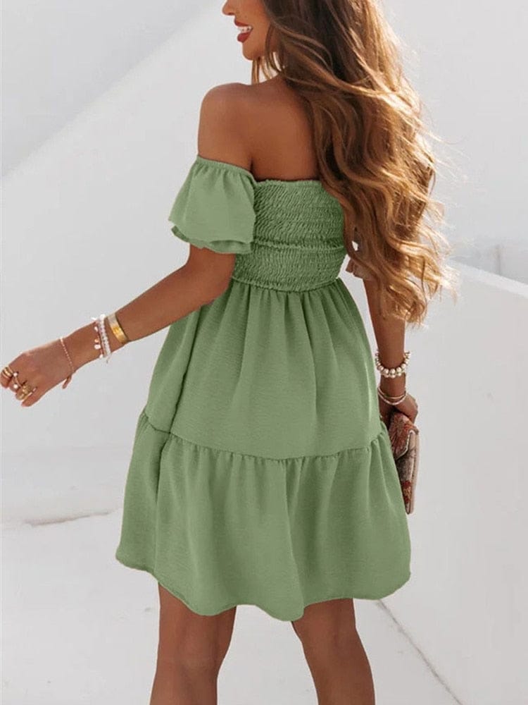 Solid Dress Women Summer Sexy Off Shoulder Dresses Beach Party Dress BENNYS 