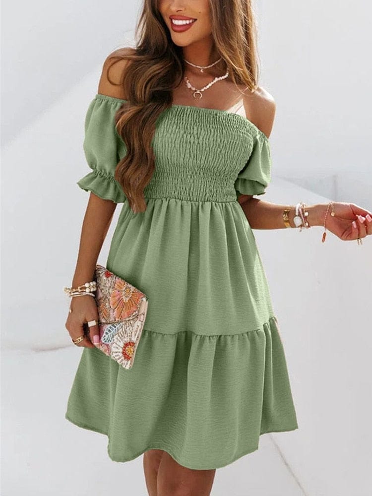 Solid Dress Women Summer Sexy Off Shoulder Dresses Beach Party Dress BENNYS 