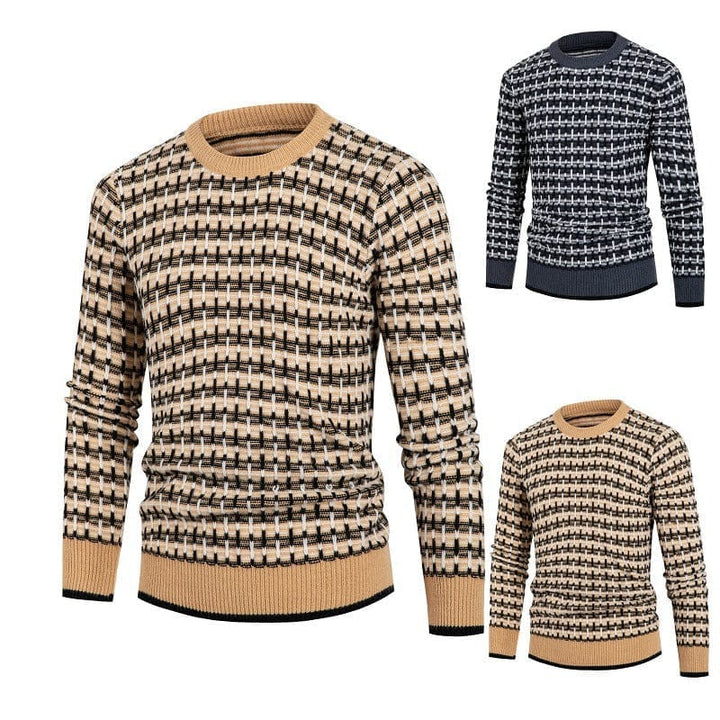 Solid Plaid Pullover Round Neck Sweater Top For Men BENNYS 