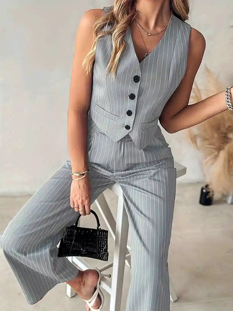 Striped Button Elegant Outfit Set-Outfit Set-Bennys Beauty World