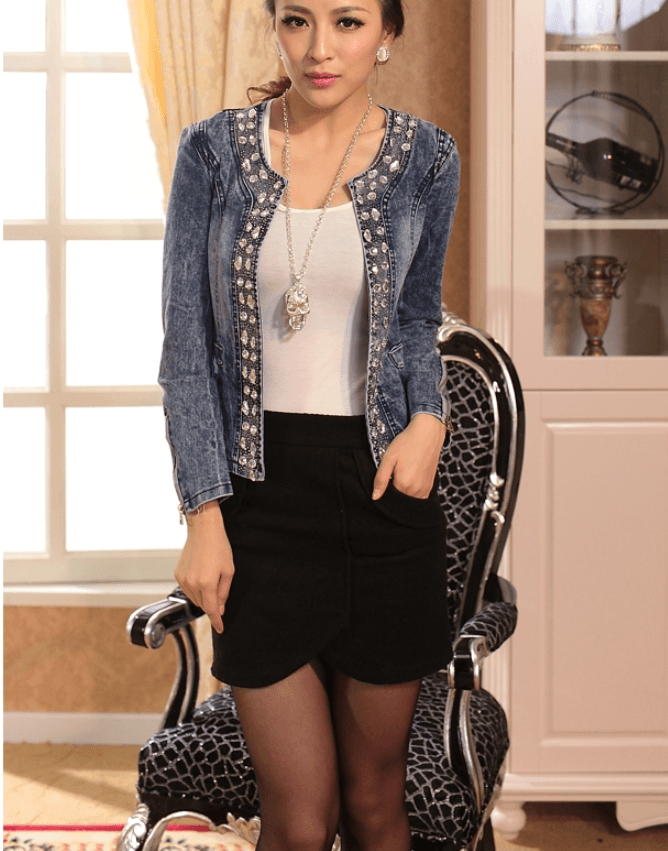 Spot stretch denim jacket rhinestone sequins retro short coat denim jacket denim jacket BENNYS 