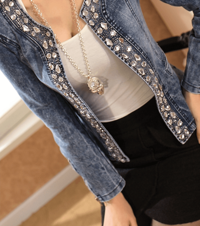 Spot stretch denim jacket rhinestone sequins retro short coat denim jacket denim jacket BENNYS 