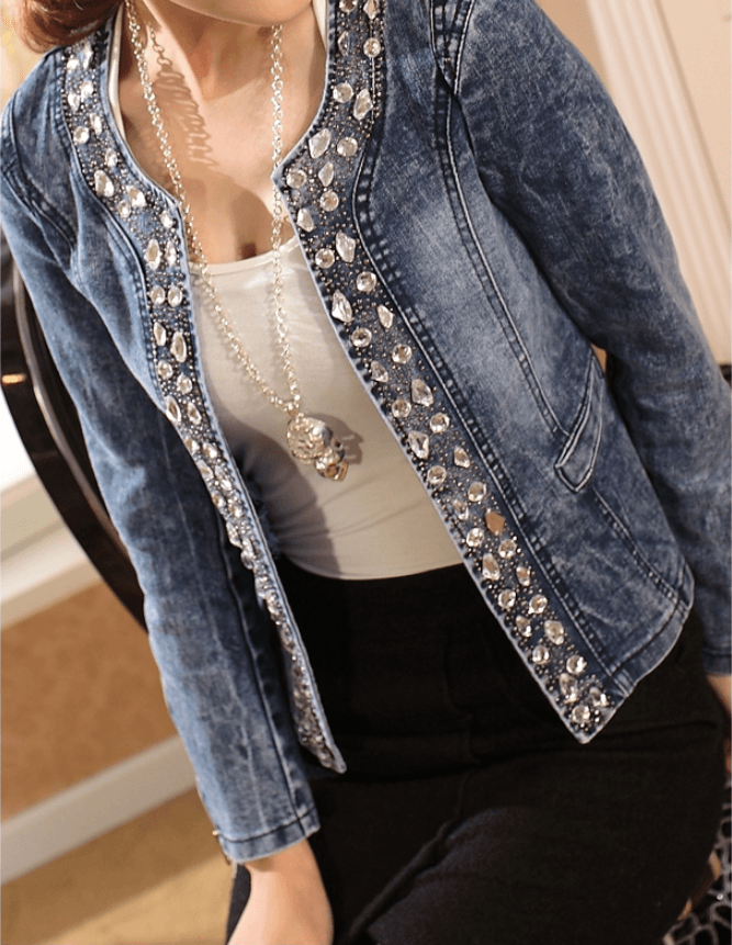 Spot stretch denim jacket rhinestone sequins retro short coat denim jacket denim jacket BENNYS 