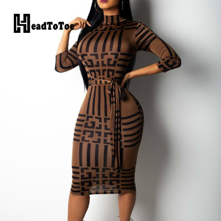 Striped Color-block Insert Women Bodycon Dress Office Ladies Casual Midi Dress BENNYS 