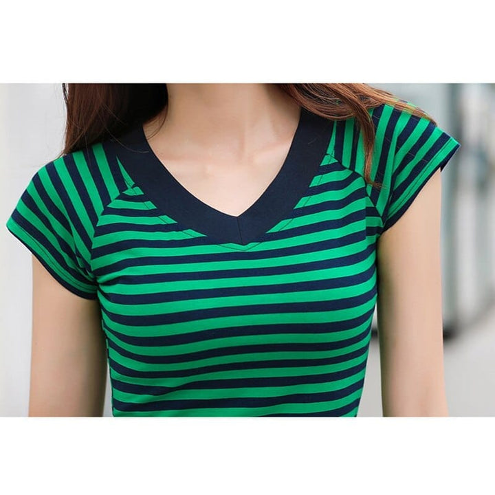 Striped V-Neck T Shirt Women's Printed T-Shirt Summer Tops Slim Casual Fit BENNYS 