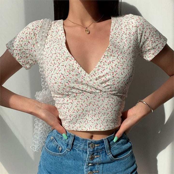 Summer French retro floral V-neck short-sleeved T-shirt BENNYS 
