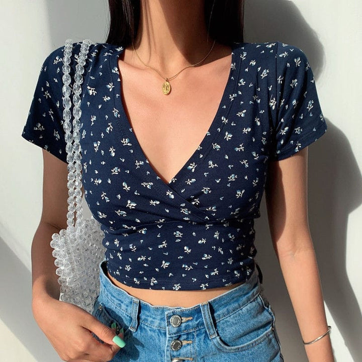 Summer French retro floral V-neck short-sleeved T-shirt BENNYS 