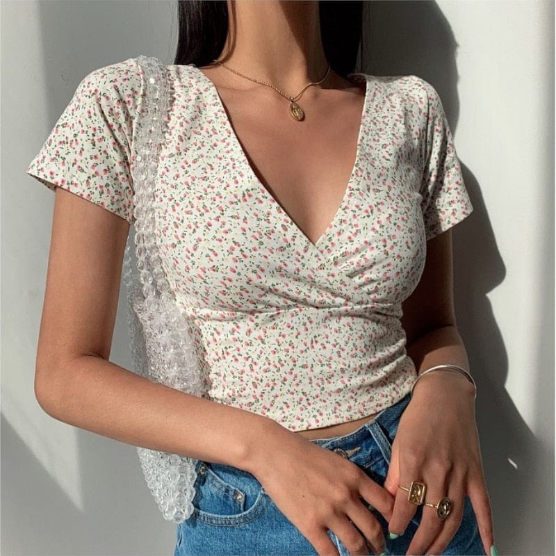 Summer French retro floral V-neck short-sleeved T-shirt BENNYS 
