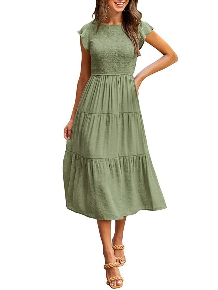 Summer Solid Long Dress Women Fashion O Neck Short Sleeve Dresses BENNYS 