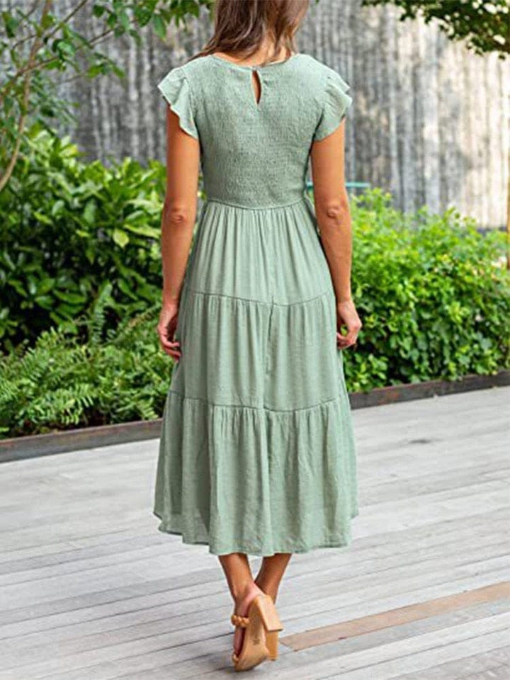 Summer Solid Long Dress Women Fashion O Neck Short Sleeve Dresses BENNYS 