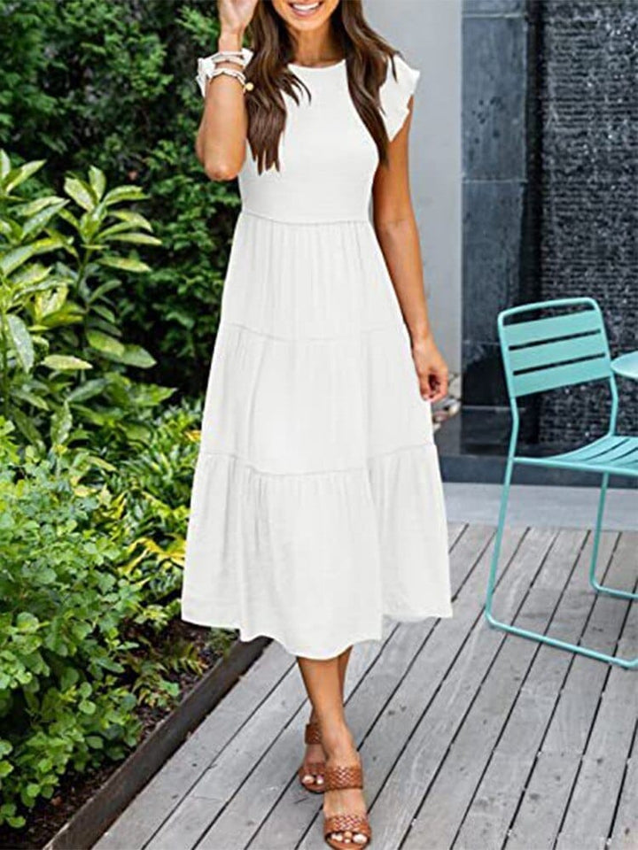 Summer Solid Long Dress Women Fashion O Neck Short Sleeve Dresses BENNYS 