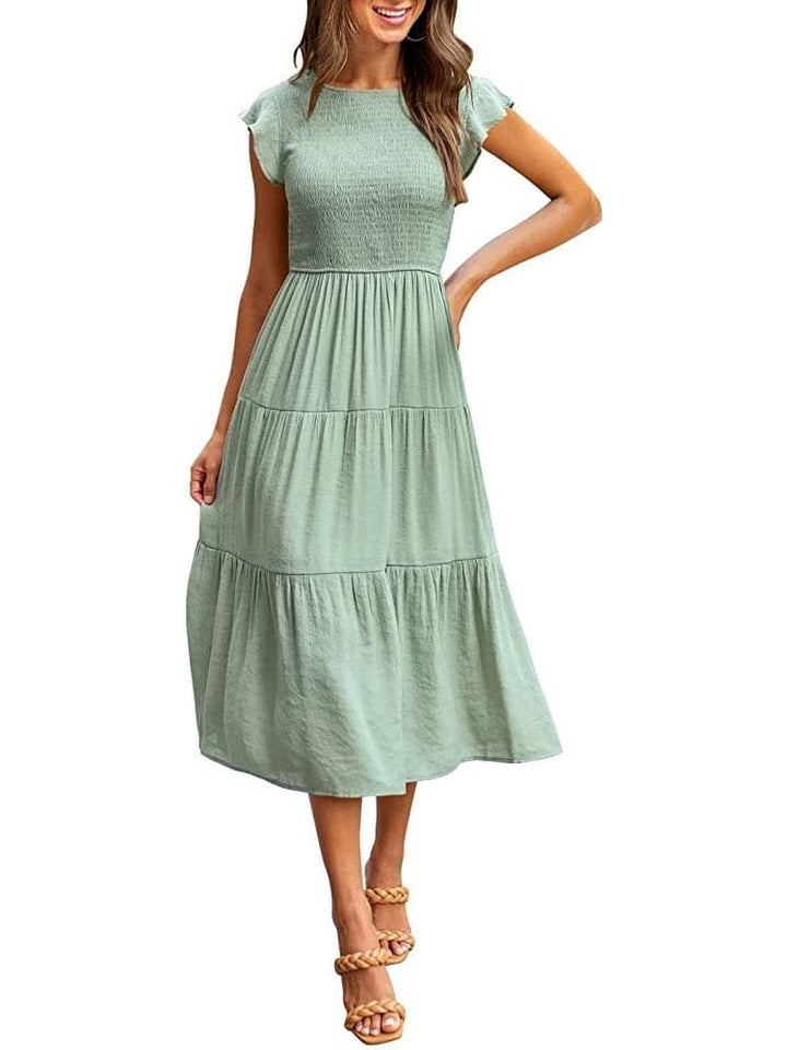 Summer Solid Long Dress Women Fashion O Neck Short Sleeve Dresses BENNYS 