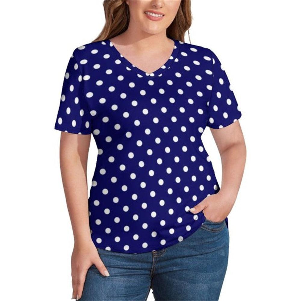 Summer Women Cotton T Shirt Blue Polka Dots Vintage Oversized T Shirts BENNYS 