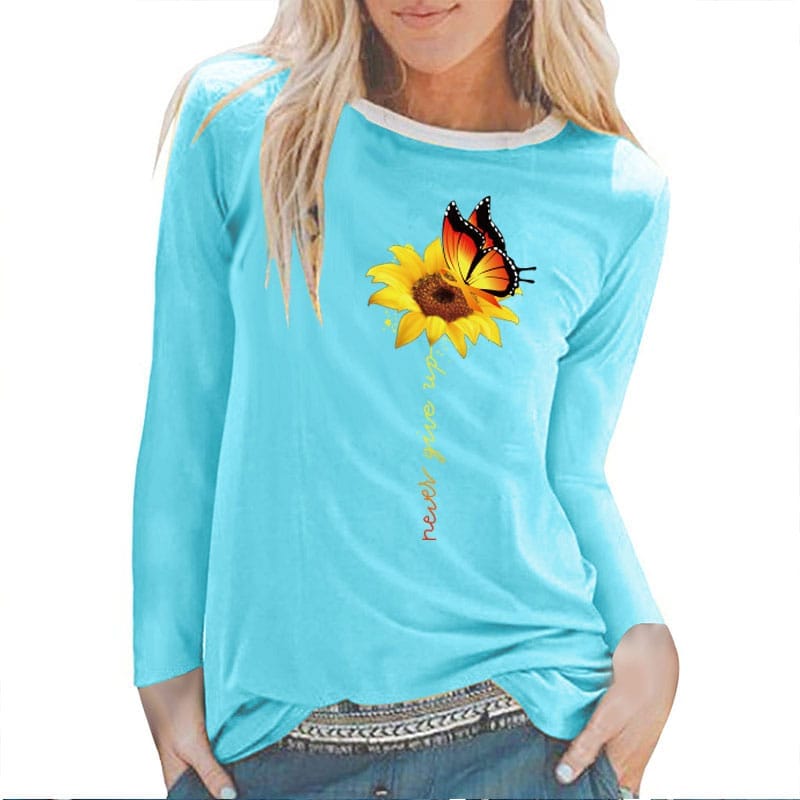 Sunflower Butterfly Never Give Up Printed Long Sleeve T-shirts BENNYS 