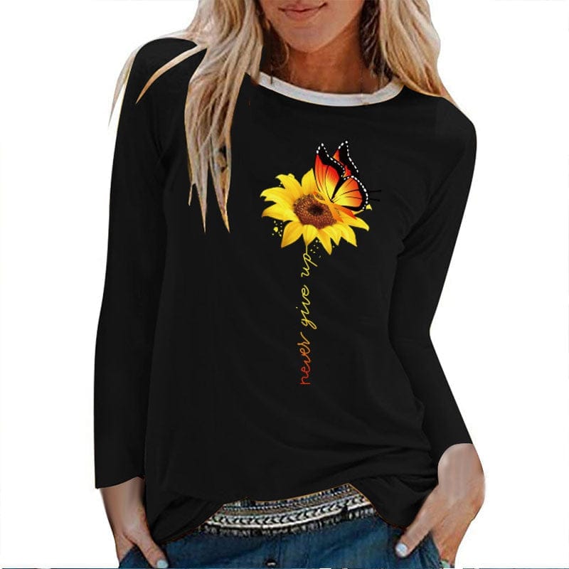 Sunflower Butterfly Never Give Up Printed Long Sleeve T-shirts BENNYS 