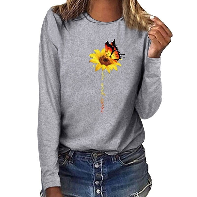 Sunflower Butterfly Never Give Up Printed Long Sleeve T-shirts BENNYS 