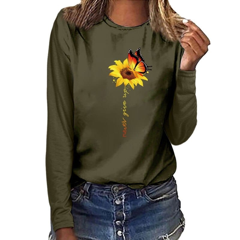 Sunflower Butterfly Never Give Up Printed Long Sleeve T-shirts BENNYS 