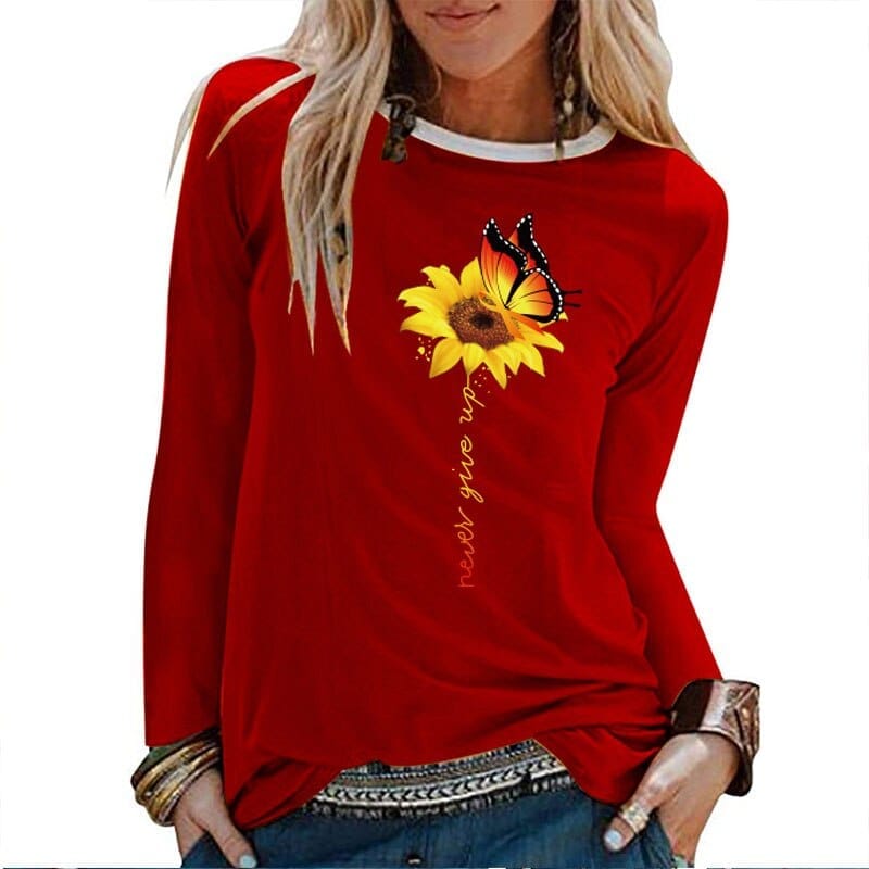 Sunflower Butterfly Never Give Up Printed Long Sleeve T-shirts BENNYS 