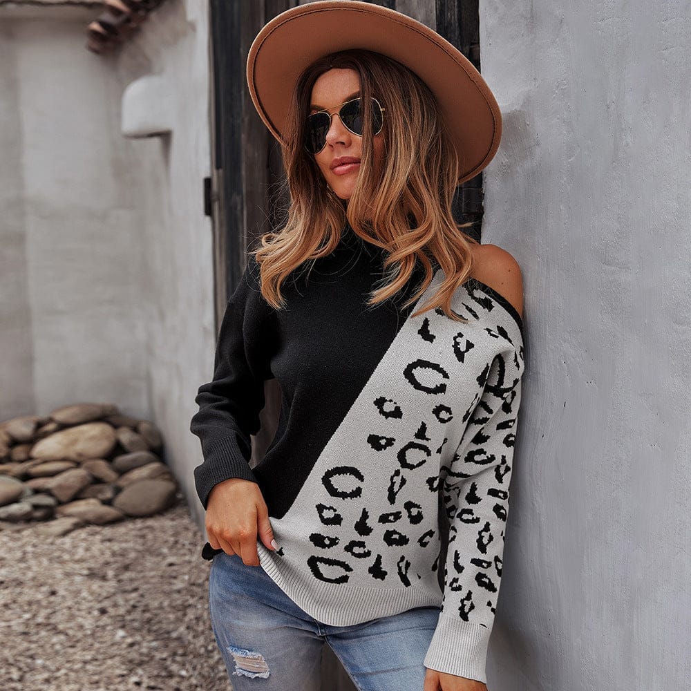 Sweater Leopard Pattern Stitching Top Waistcoat Long Sleeve Women BENNYS 