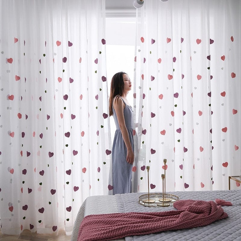 Sweet Pink Heart Voile Curtain For Kids Bedroom BENNYS 
