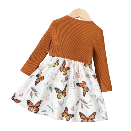 Toddler Girl Floral Leaf/Butterfly Print Splice Bowknot Design Long-sleeve Dress
