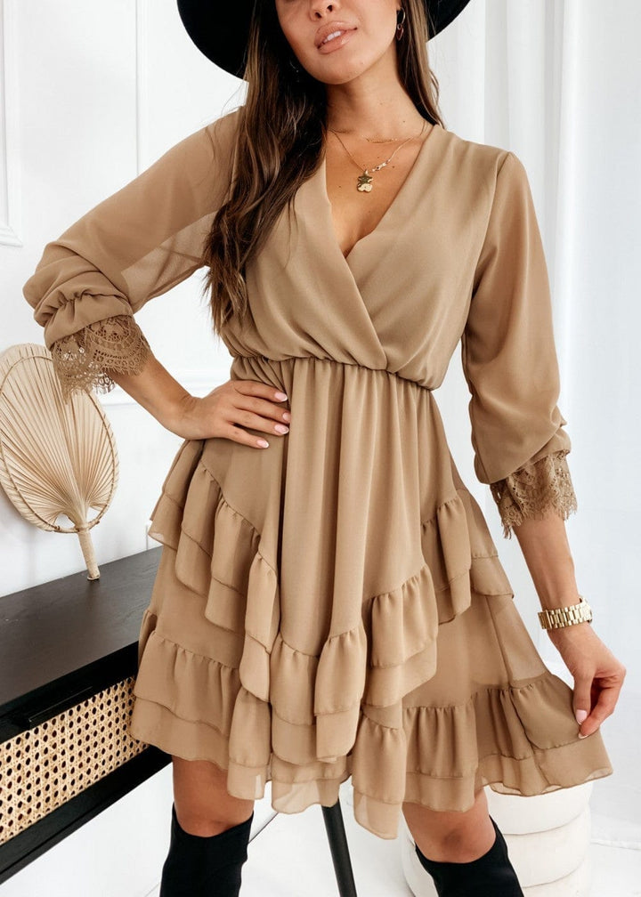 Turtleneck Long Sleeve V-Neck Ruffle Skirt Chiffon Dress BENNYS 