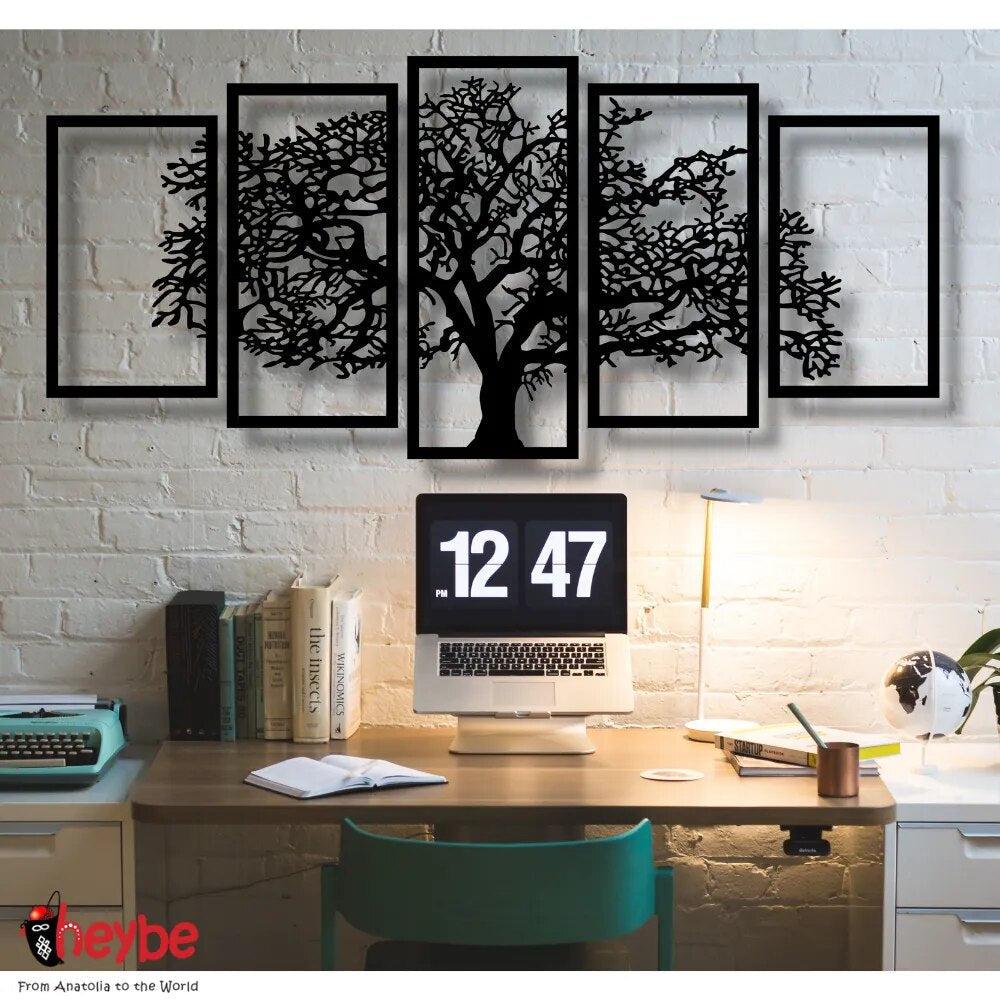 Wooden Wall Art Sycamore Tree Decor 5 Pieces Black Color Modern Nature Home Office Living Room Bedroom Kitchen New Quality Gift Ideas 3D Creative Stylish Decorative 2021 Modern Ornament Beautiful Cute Picture Souvenir-Arlik interiors