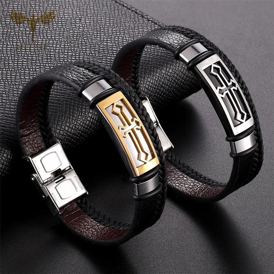 Vintage Cross Bracelet Men's Charm Stainless Steel Clasp Silicone Bracelet BENNYS 