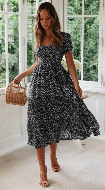 Vintage Print Puff Sleeve summer Beach Sweet Dresses BENNYS 