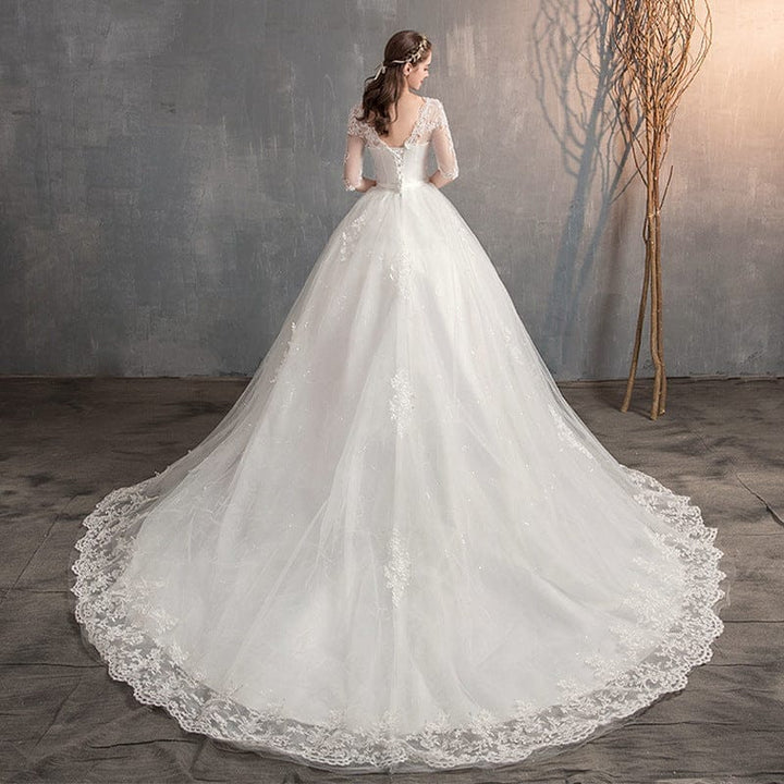 Wedding Dress Trailing Deep V Neck Lace High Waist Wedding Dress Long Sleeves BENNYS 