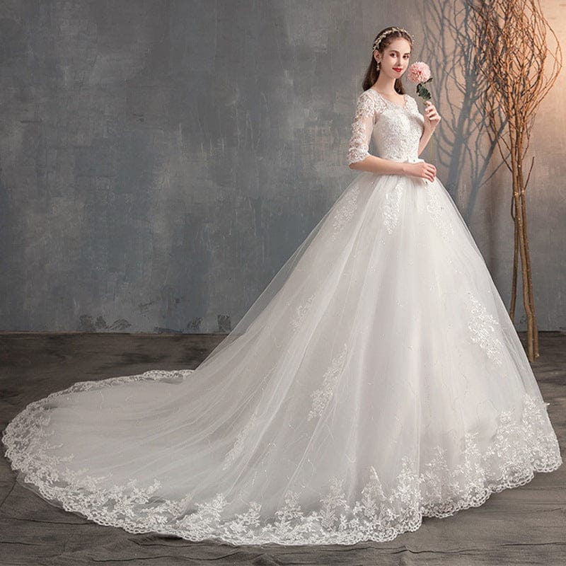 Wedding Dress Trailing Deep V Neck Lace High Waist Wedding Dress Long Sleeves BENNYS 