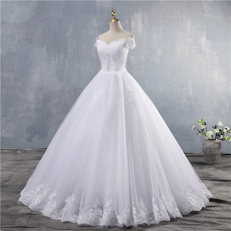 White Ivory Lace Ball Gown Sleeves Wedding Dresses BENNYS 