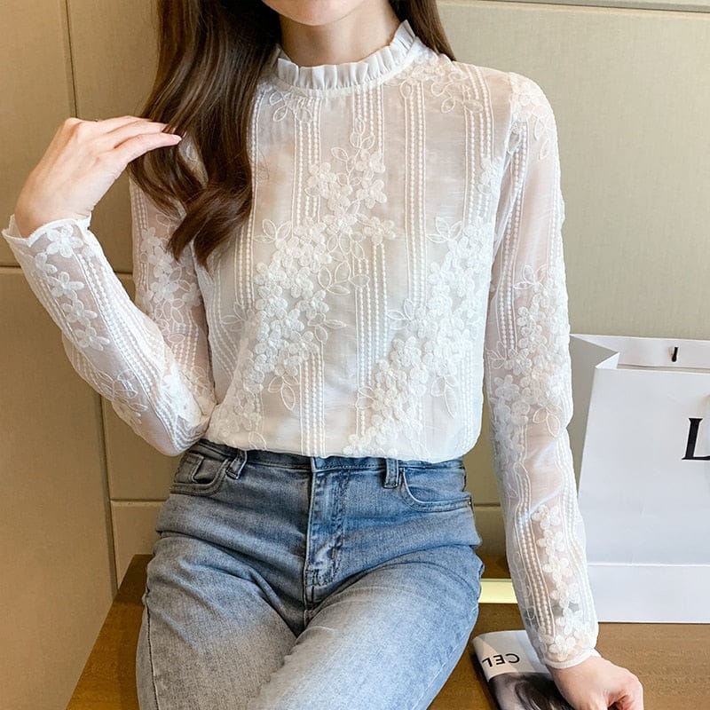 White Lace Blouse Shirt Long Sleeve Blouse For Women