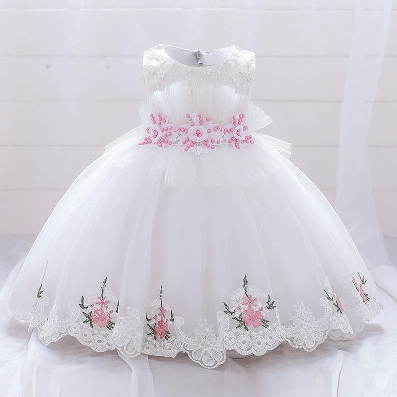 White Pink Flower Baptism First 1st Birthday Dress For Baby Girl BENNYS 