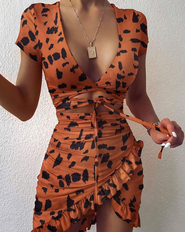 Women 2022 Summer Ruffles Cut Leopard Print Dress BENNYS 