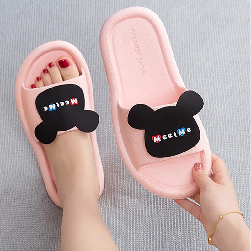 Women Cartoon Slippers Open Toe Bear Slides Non-slip Indoor Bathroom Flip Flops BENNYS 