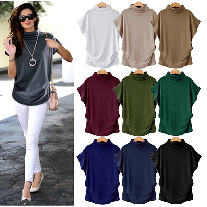 Women Casual Turtleneck Short Sleeve Cotton Solid Casual Top BENNYS 