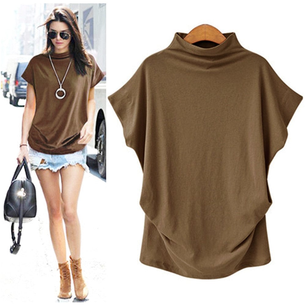 Women Casual Turtleneck Short Sleeve Cotton Solid Casual Top BENNYS 