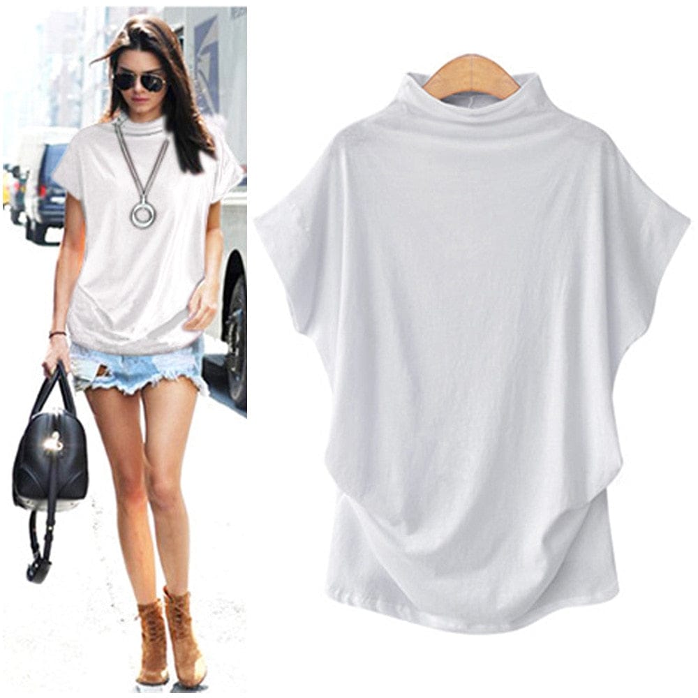 Women Casual Turtleneck Short Sleeve Cotton Solid Casual Top BENNYS 