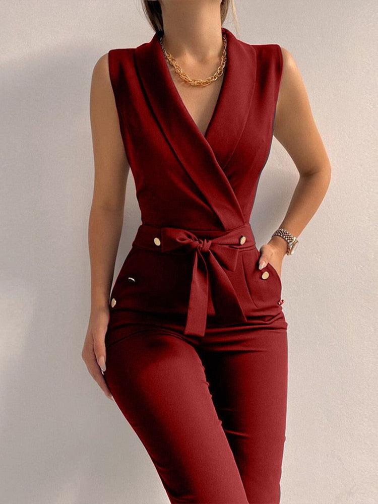 Women Casual V Neck Jumpsuits Button Lace Up Sleeveless Jumpsuit BENNYS 