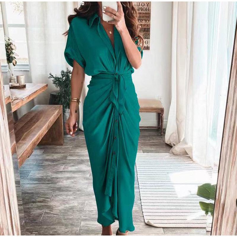 Women Elegant Shirt Dress Summer Fashion Printed Button Long Dresses BENNYS 