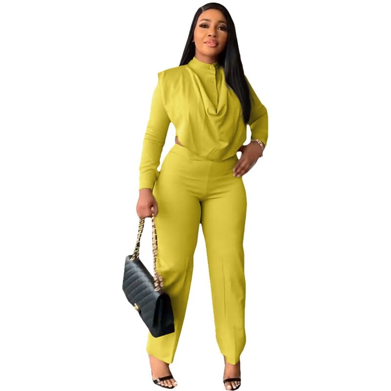 Office Lady Two Piece Set Women Fall Clothes 2022 Long Sleeve Ruched Crop  Top and Pants Suits Business Workwear Matching Sets