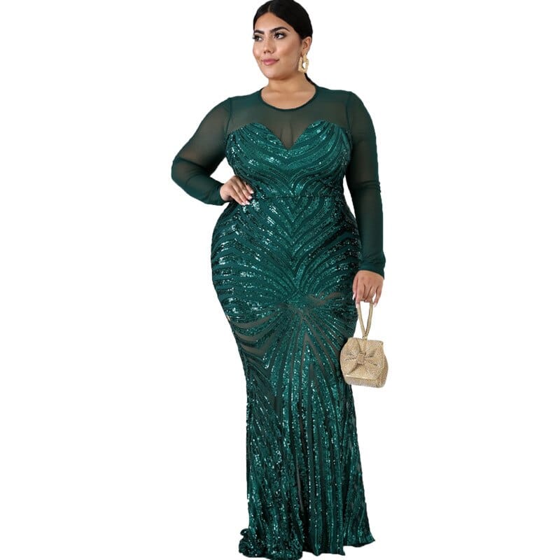 Women PlSize Elegant Dresses Sparkly Mesh Long Sleeve Mermaid Sequin Dress BENNYS 