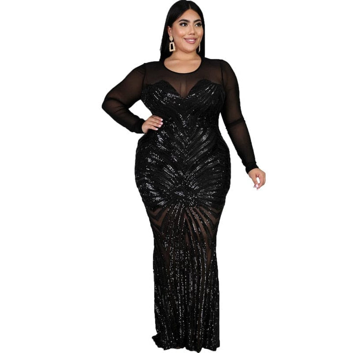 Women PlSize Elegant Dresses Sparkly Mesh Long Sleeve Mermaid Sequin Dress BENNYS 