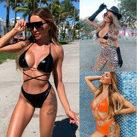 Women Sexy Brazilian Bikini Set PU Leather Swimwear